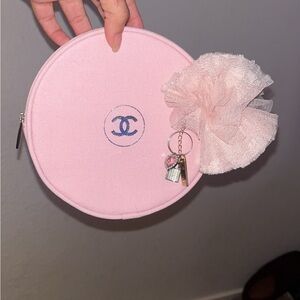 Chanel Beauty Pouch/ Makeup Travel Organize Bag w/ Chanel floral keychain